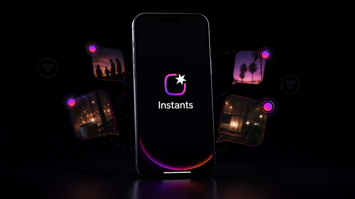Instagram Instants app concept showing disappearing photo bubbles on a dark phone screen