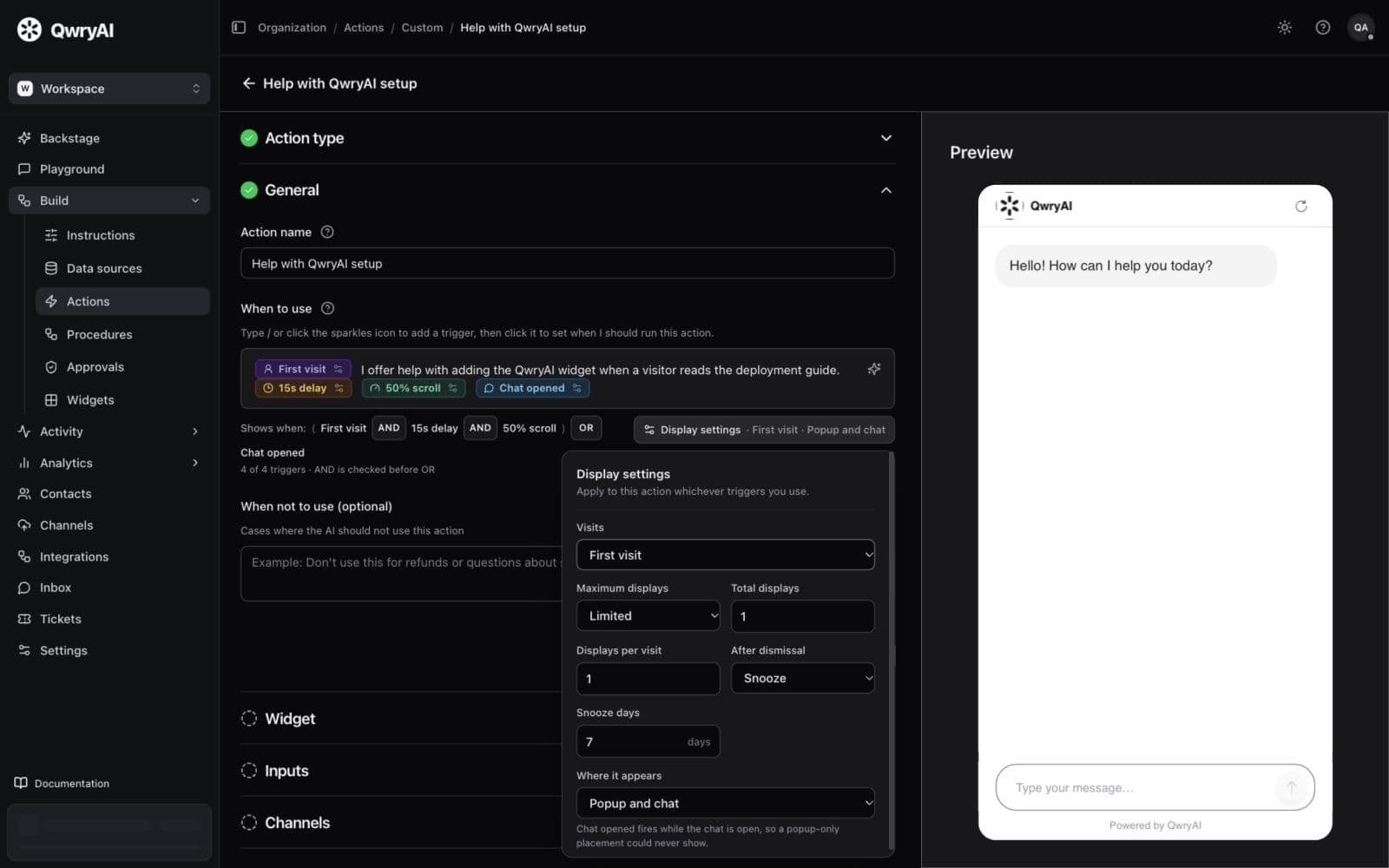 Trigger conditions and display settings