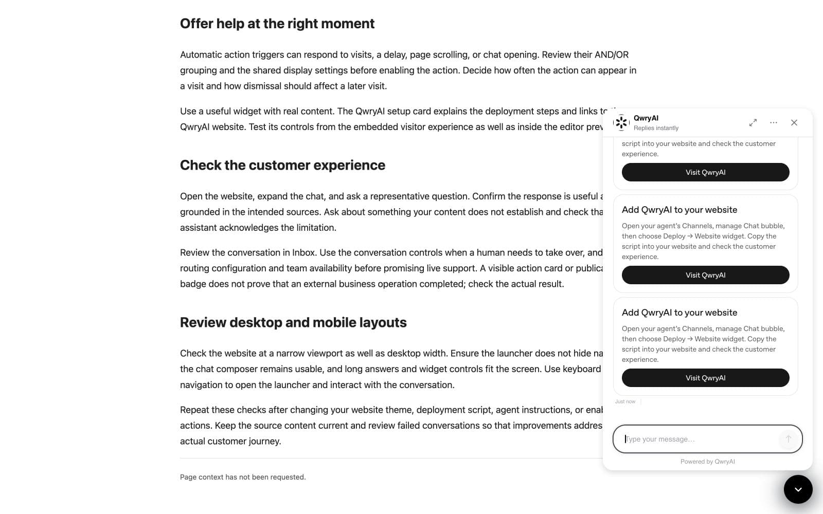 Automatic setup assistance on the website