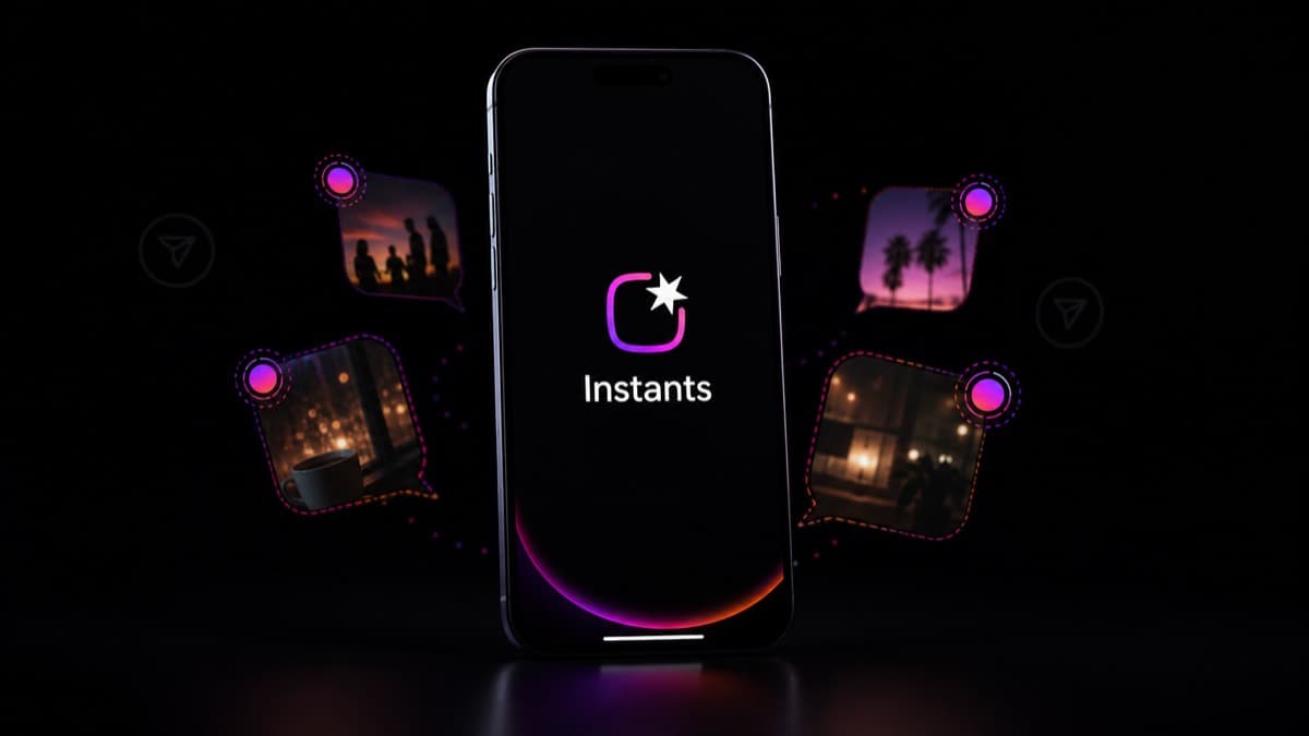 Instagram Instants app concept showing disappearing photo bubbles on a dark phone screen